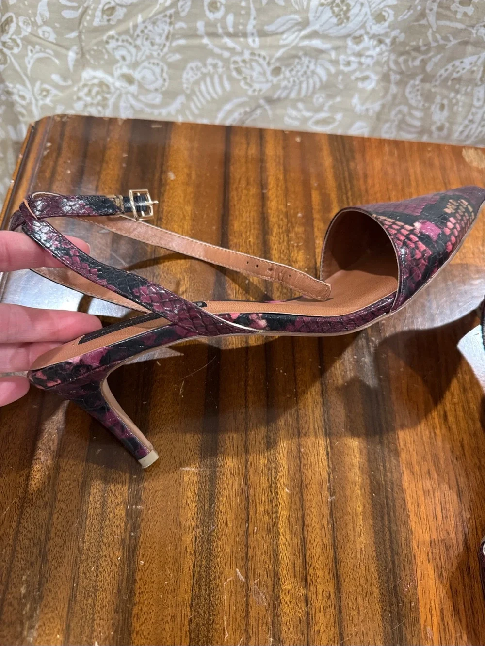 Steven by Steve Madden Burgundy and Black Snake-Print Pointed Toe Slingbacks